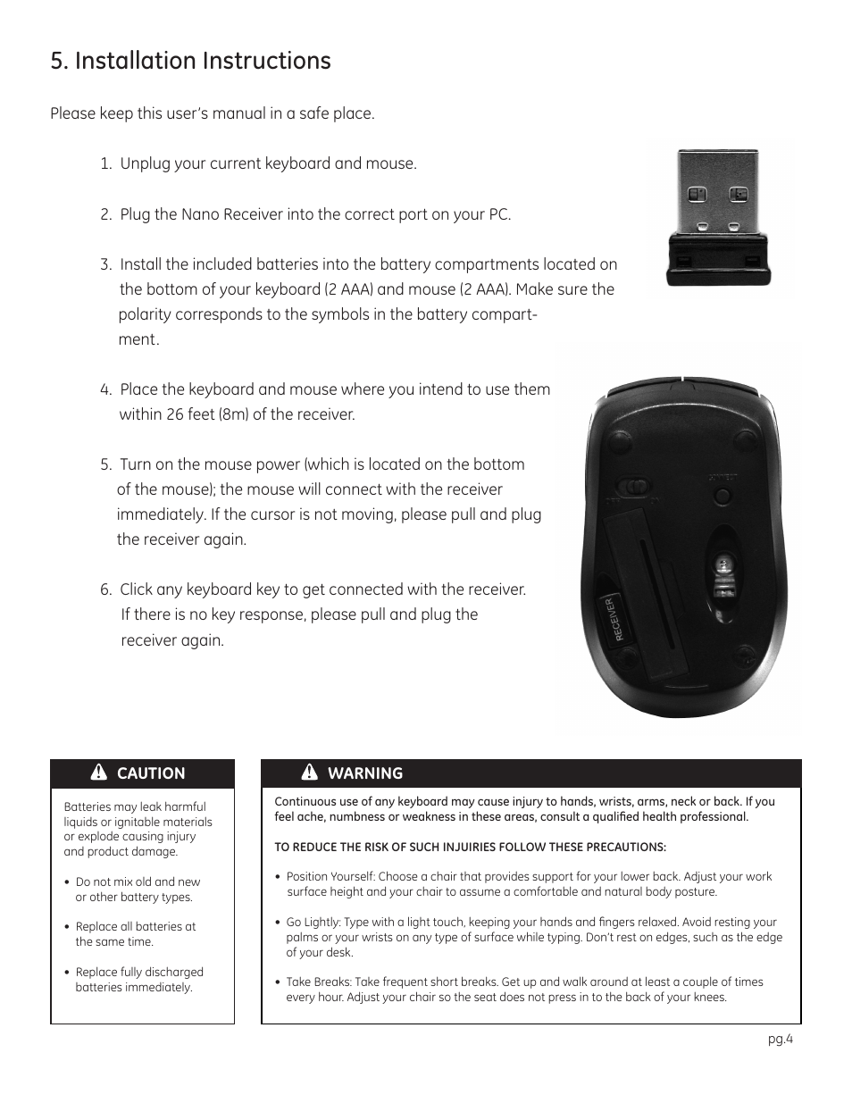 Installation instructions | GE 98600 2.4GHz Wireless Keyboard & Mouse User Manual | Page 4 / 7