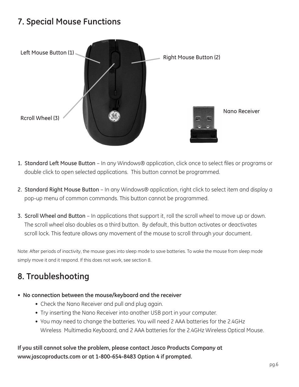 Special mouse functions, Troubleshooting | GE 98600 2.4GHz Wireless Keyboard & Mouse User Manual | Page 6 / 7