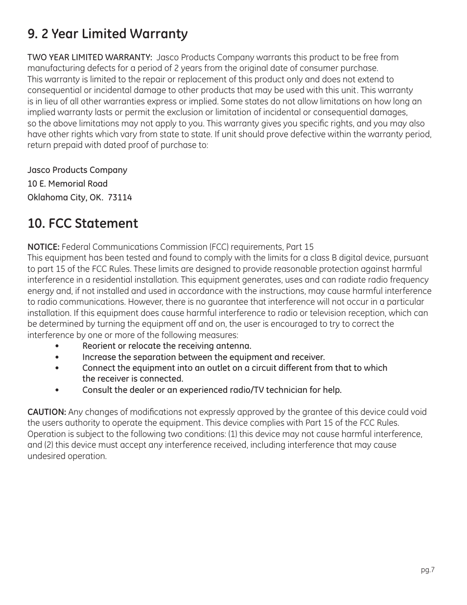 2 year limited warranty, Fcc statement | GE 98600 2.4GHz Wireless Keyboard & Mouse User Manual | Page 7 / 7