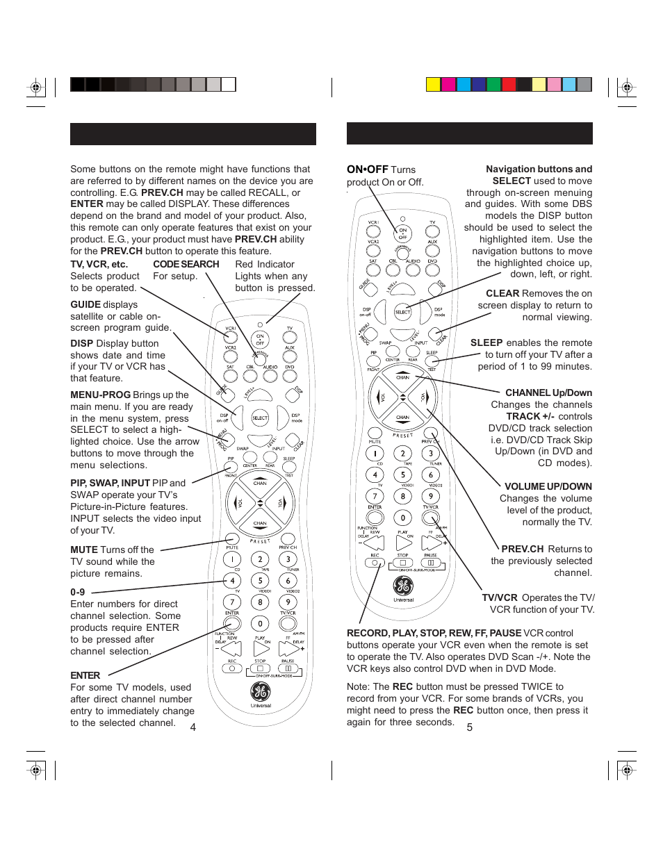 Button functions, cont, Button functions | GE RM24927 User Manual | Page 3 / 10