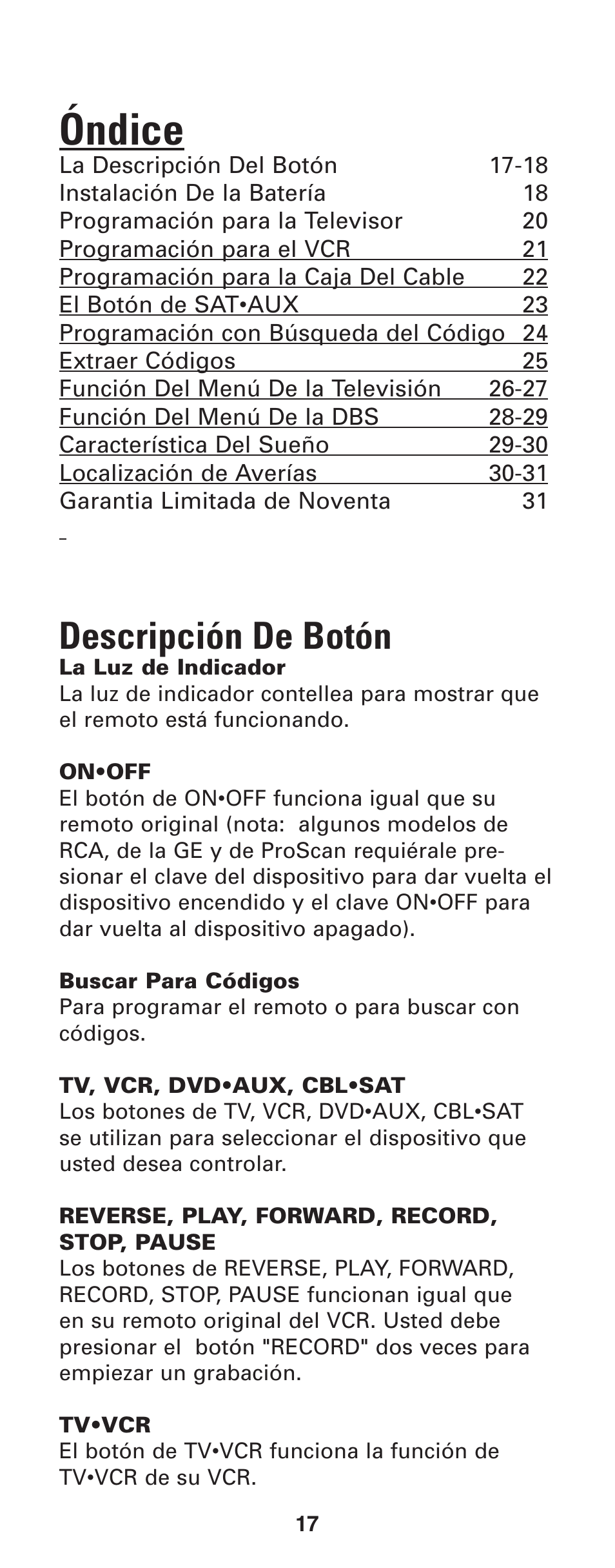 Óndice, Descripción de botón | GE RM24933 User Manual | Page 18 / 33