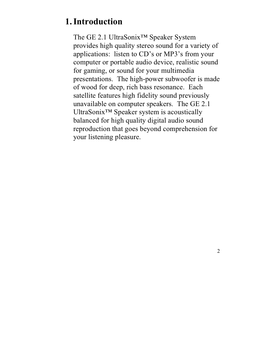 Introduction | GE 98012 GE UltraSonic 2.1 Speakers User Manual | Page 2 / 6