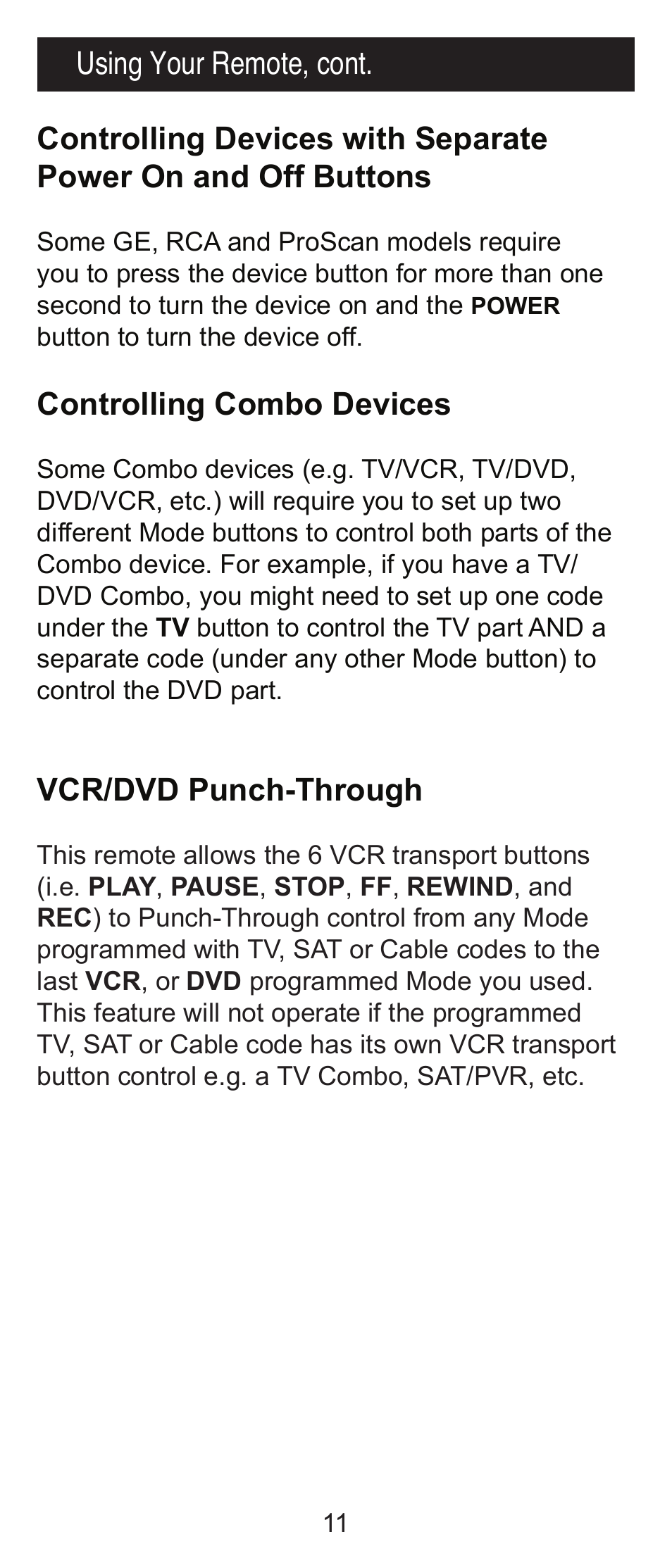 Controlling combo devices, Vcr/dvd punch-through | GE RM24918 User Manual | Page 11 / 16