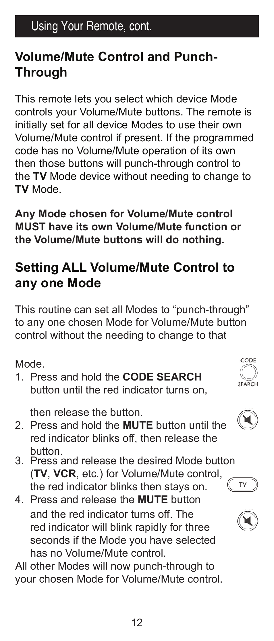 Volume/mute control and punch- through, Setting all volume/mute control to any one mode, Using your remote, cont | GE RM24918 User Manual | Page 12 / 16