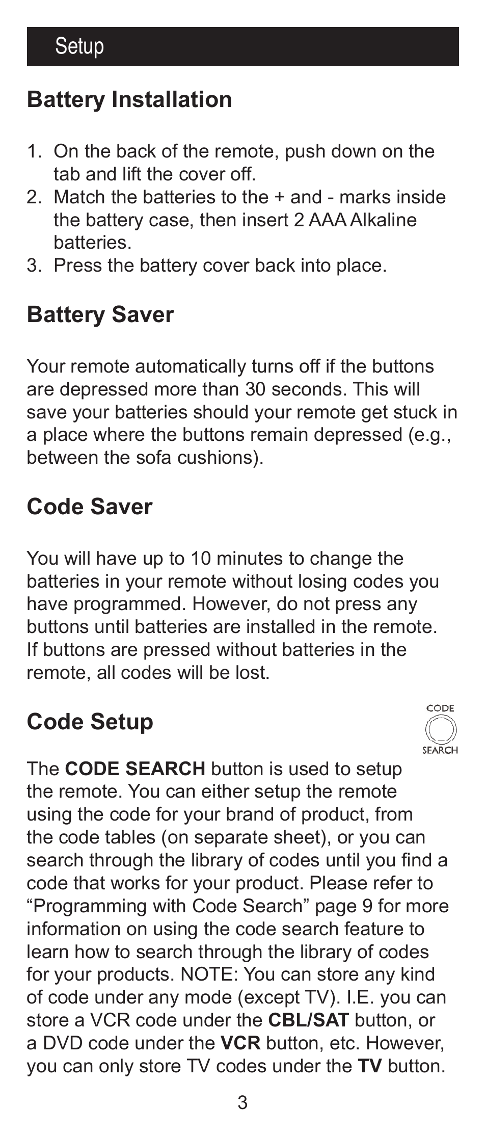 Battery installation, Battery saver, Code saver | Code setup, Setup | GE RM24918 User Manual | Page 3 / 16
