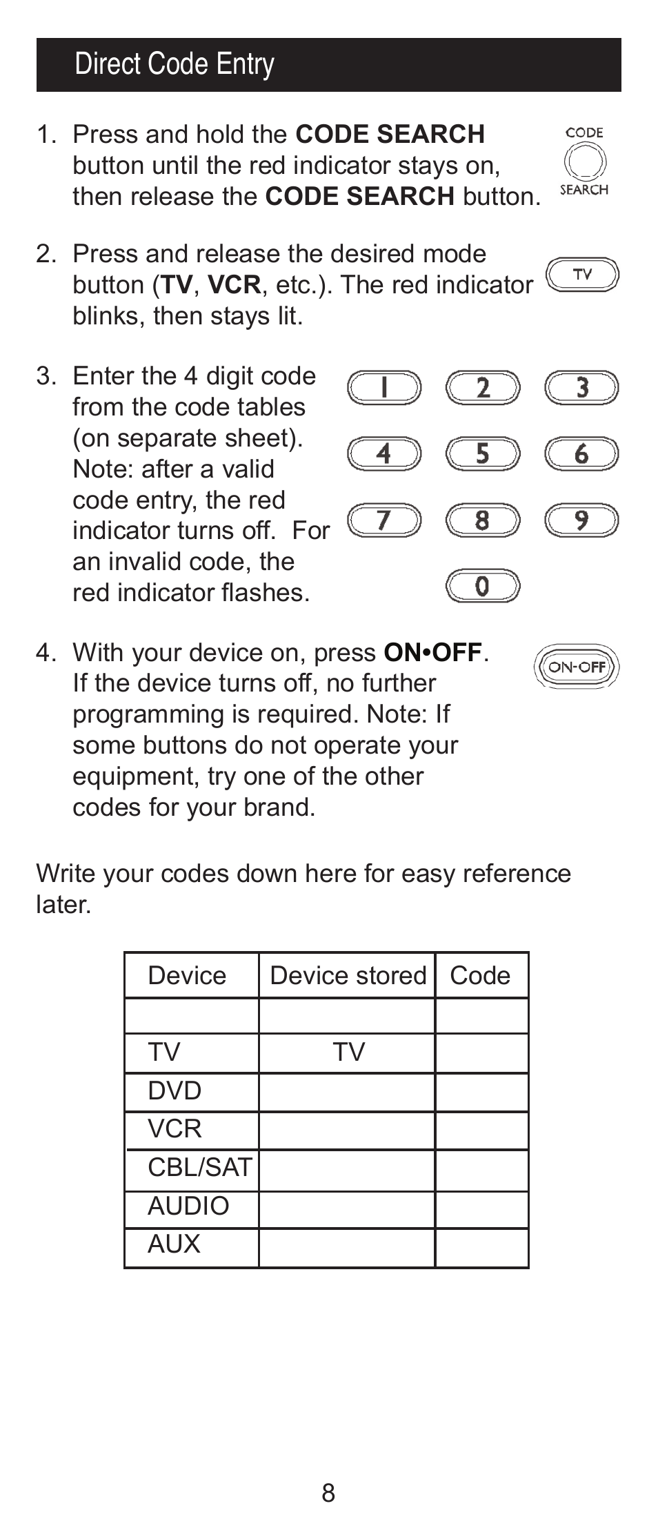 Direct code entry | GE RM24918 User Manual | Page 8 / 16