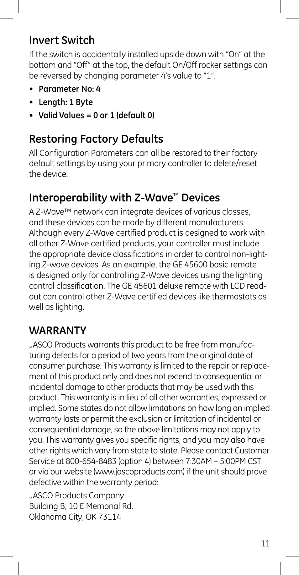 Invert switch, Restoring factory defaults, Interoperability with z-wave | Devices, Warranty | Jasco 45609 User Manual | Page 11 / 13