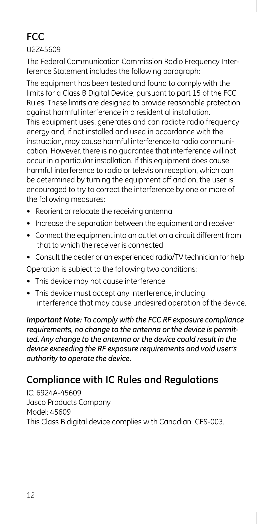 Compliance with ic rules and regulations | Jasco 45609 User Manual | Page 12 / 13
