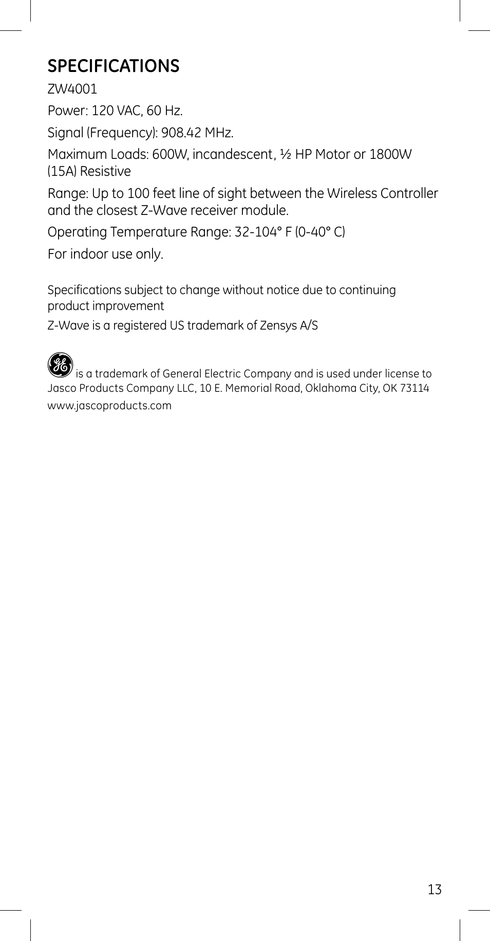 Specifications | Jasco 45609 User Manual | Page 13 / 13