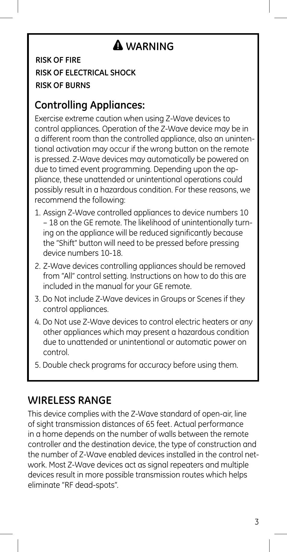 Warning, Controlling appliances, Wireless range | Jasco 45609 User Manual | Page 3 / 13