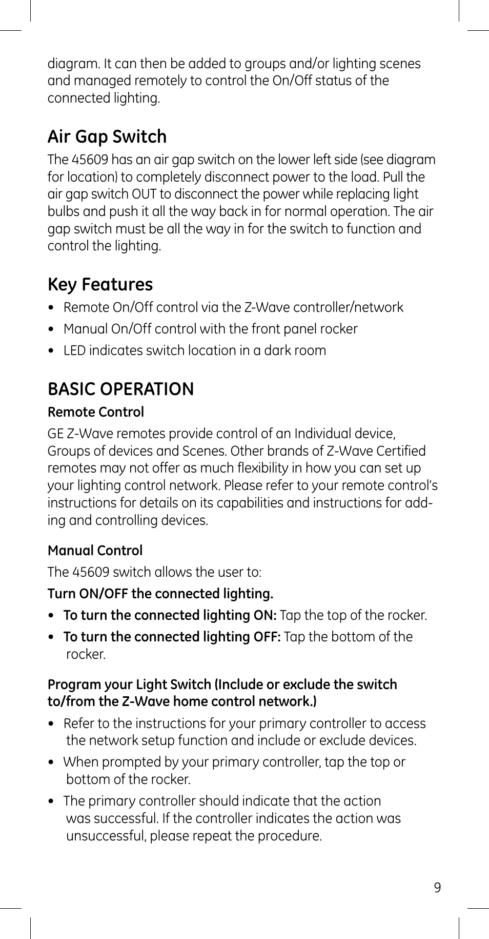 Air gap switch, Key features, Basic operation | Jasco 45609 User Manual | Page 9 / 13