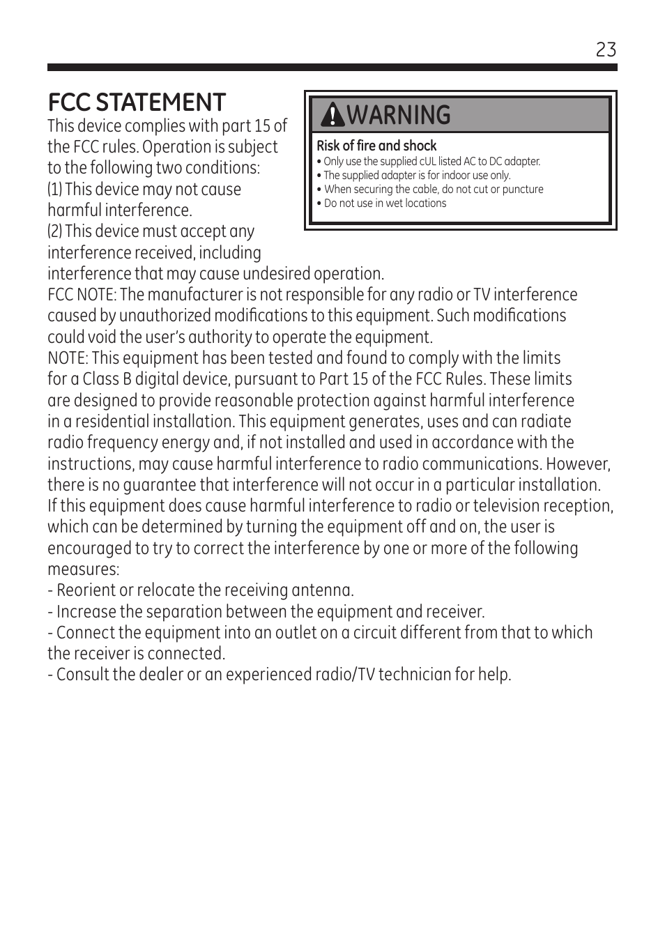Warning, Advertencia, Fcc statement | GE 45246 GE Wireless Color Camera with AV Receiver User Manual | Page 23 / 24