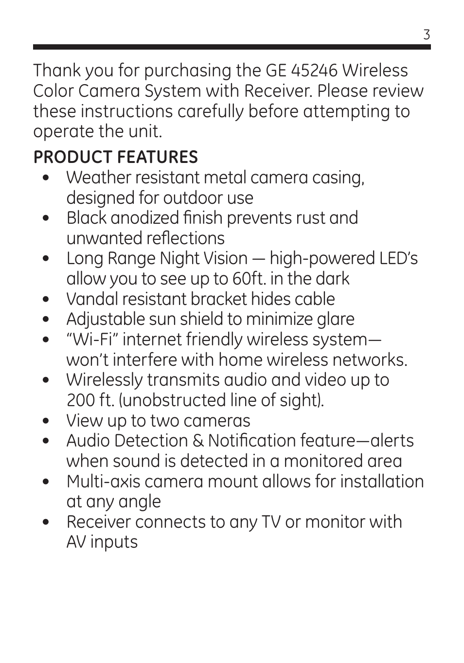 GE 45246 GE Wireless Color Camera with AV Receiver User Manual | Page 3 / 24