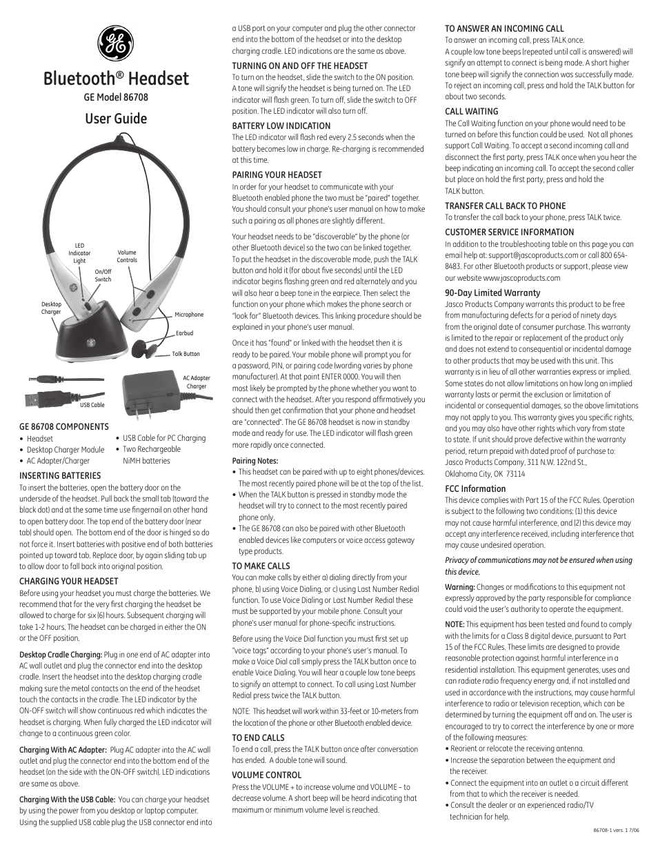 GE 86708 GE Bluetooth Headset User Manual | 2 pages