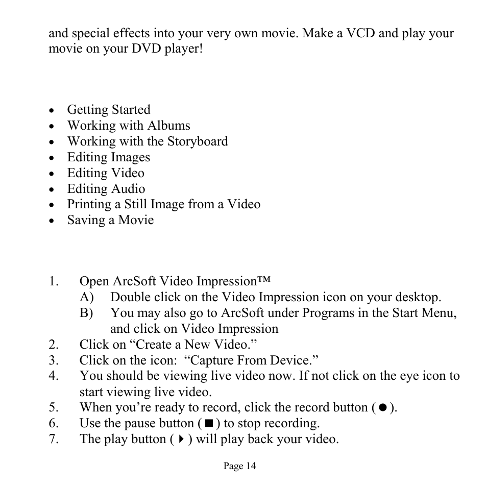 Working with video impression, Arcsoft video impression™ - getting started | GE 98756 GE Minicam Pro User Manual | Page 14 / 22