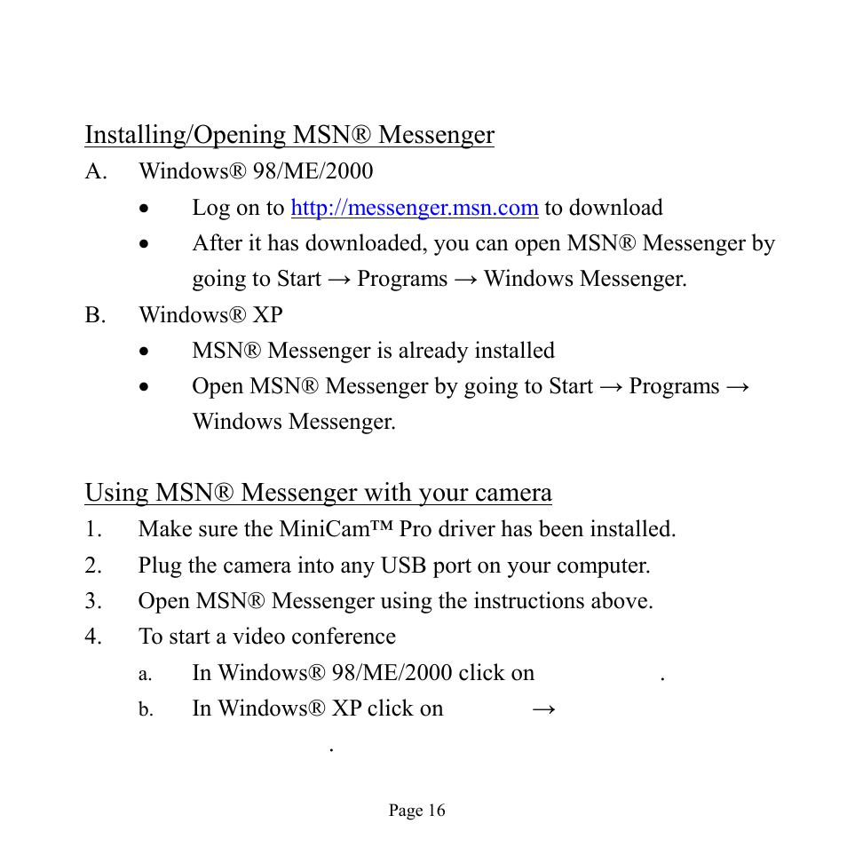 Msn® messenger, Installing/opening msn® messenger, Using msn® messenger with your camera | GE 98756 GE Minicam Pro User Manual | Page 16 / 22