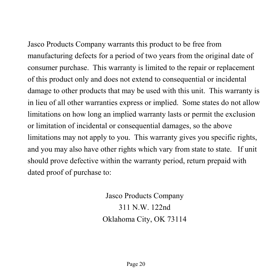 Two year limited warranty | GE 98756 GE Minicam Pro User Manual | Page 20 / 22