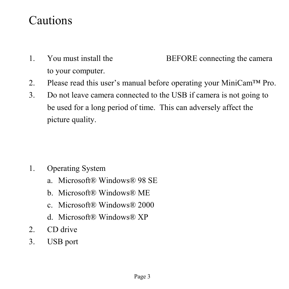 Cautions, System requirements, Maintenance care and storage | GE 98756 GE Minicam Pro User Manual | Page 3 / 22