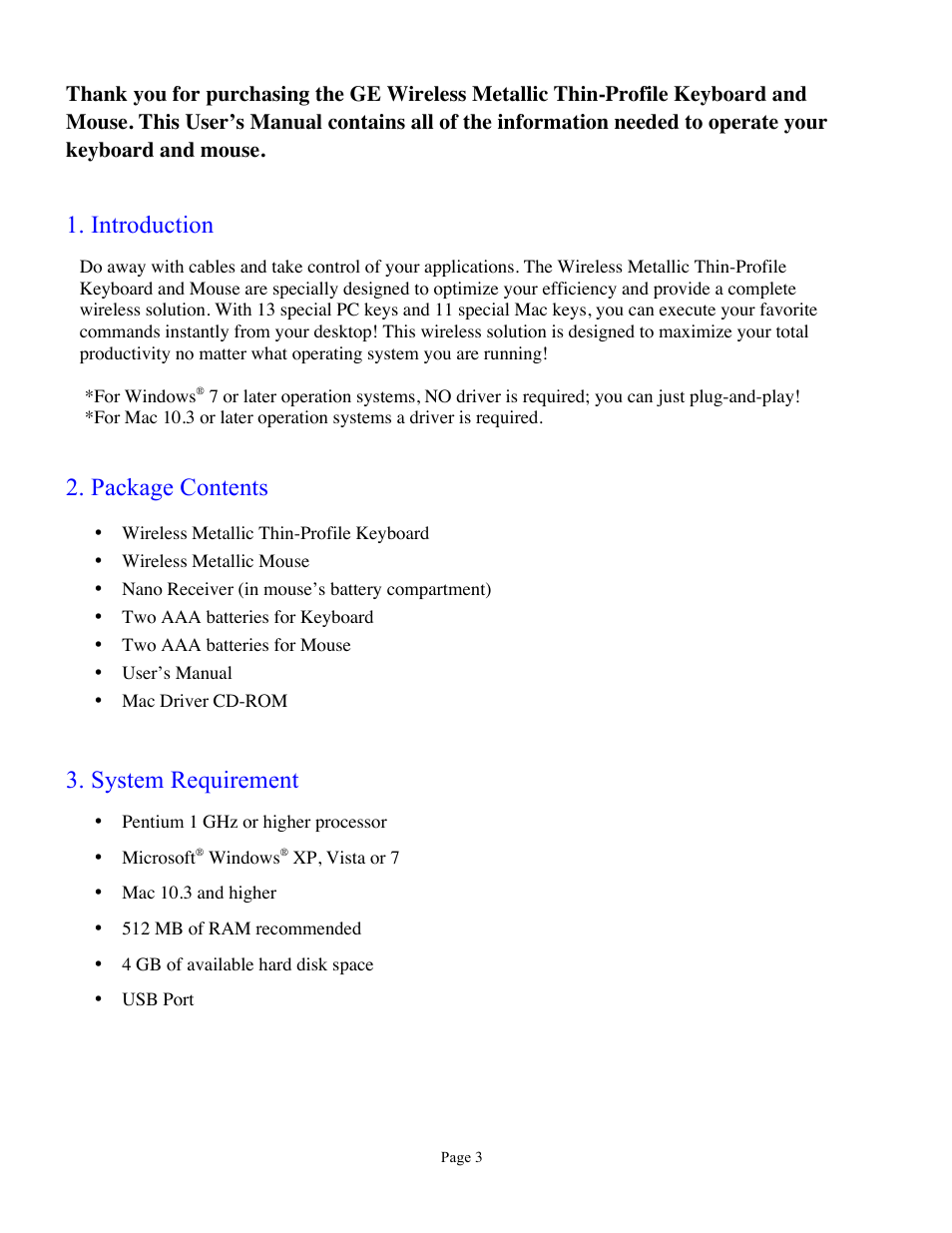 Introduction, Package contents, System requirement | GE 98134 GE Thin-Profile Keyboard and Mouse User Manual | Page 3 / 7