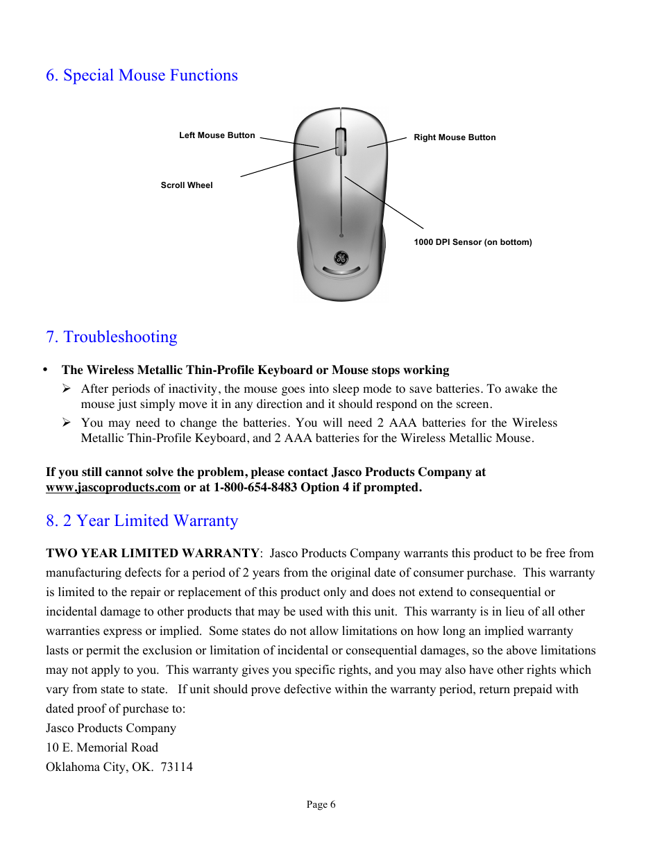 Special mouse functions, Troubleshooting, 2 year limited warranty | GE 98134 GE Thin-Profile Keyboard and Mouse User Manual | Page 6 / 7