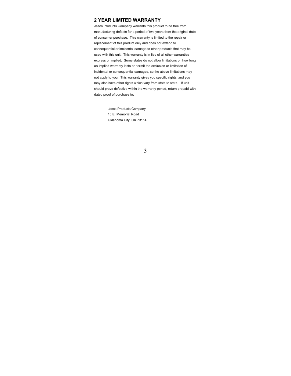 2 year limited warranty | Jasco 98529 User Manual | Page 3 / 4