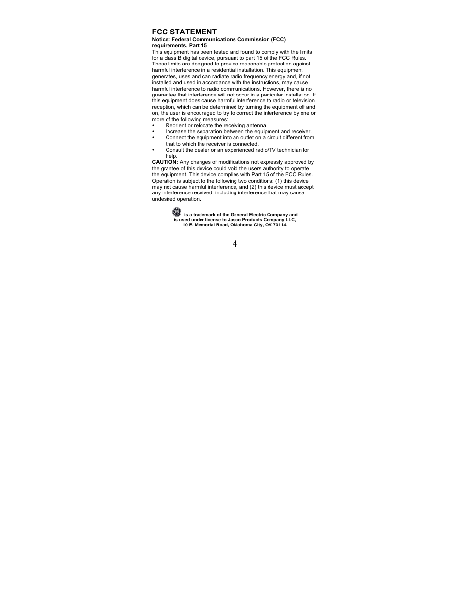 Fcc statement | Jasco 98529 User Manual | Page 4 / 4