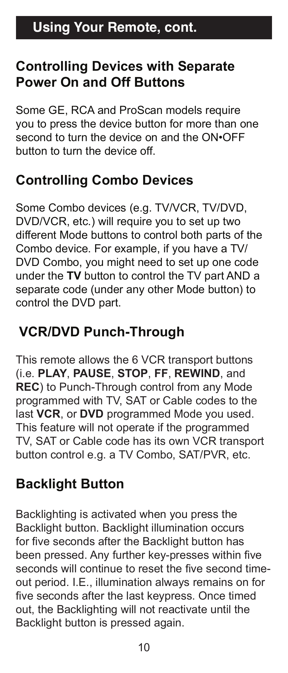 Controlling combo devices, Vcr/dvd punch-through, Backlight button | GE RM94931 User Manual | Page 10 / 16