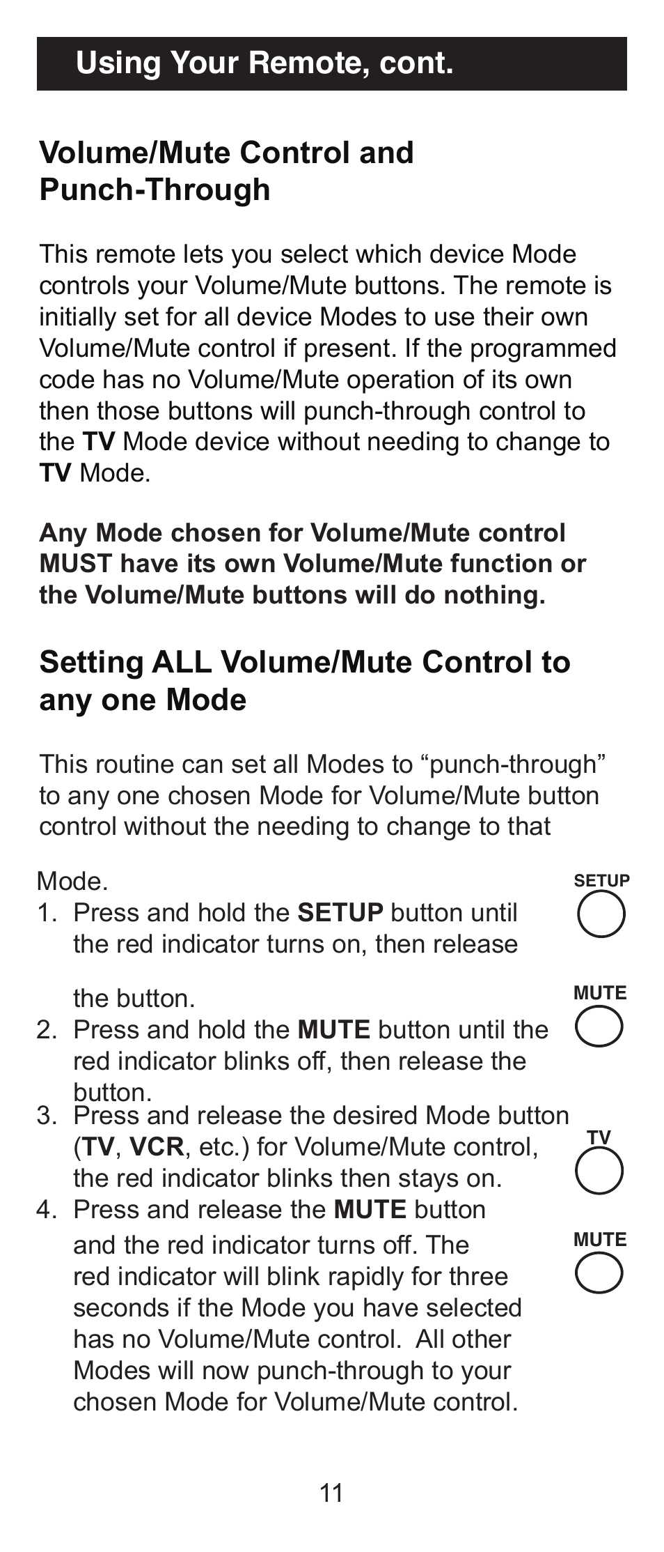 Volume/mute control and punch-through, Setting all volume/mute control to any one mode, Using your remote, cont | GE RM94931 User Manual | Page 11 / 16