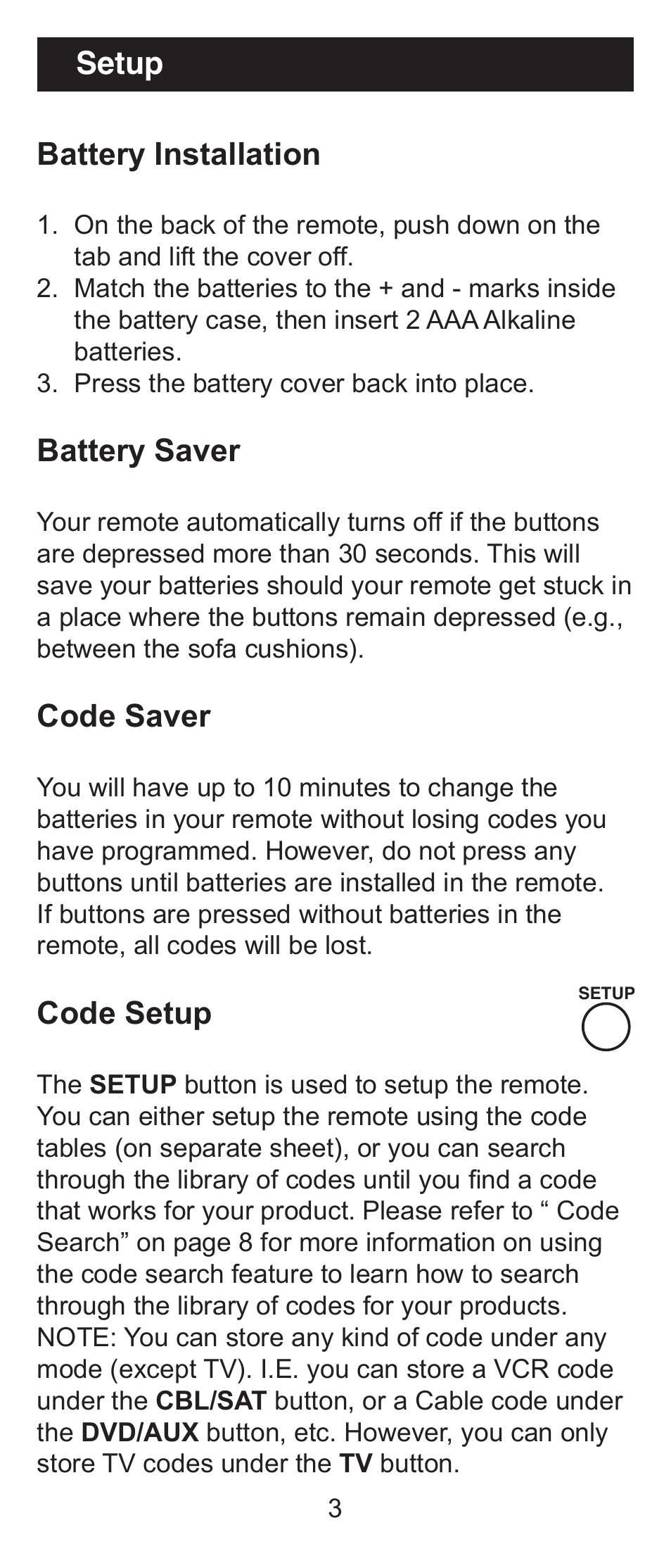 Battery installation, Battery saver, Code saver | Code setup, Setup | GE RM94931 User Manual | Page 3 / 16