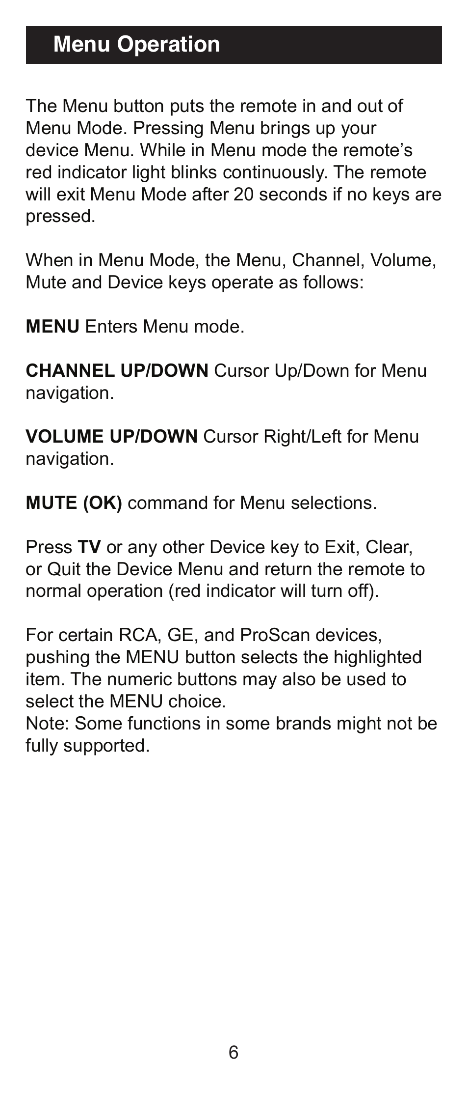 Menu operation | GE RM94931 User Manual | Page 6 / 16