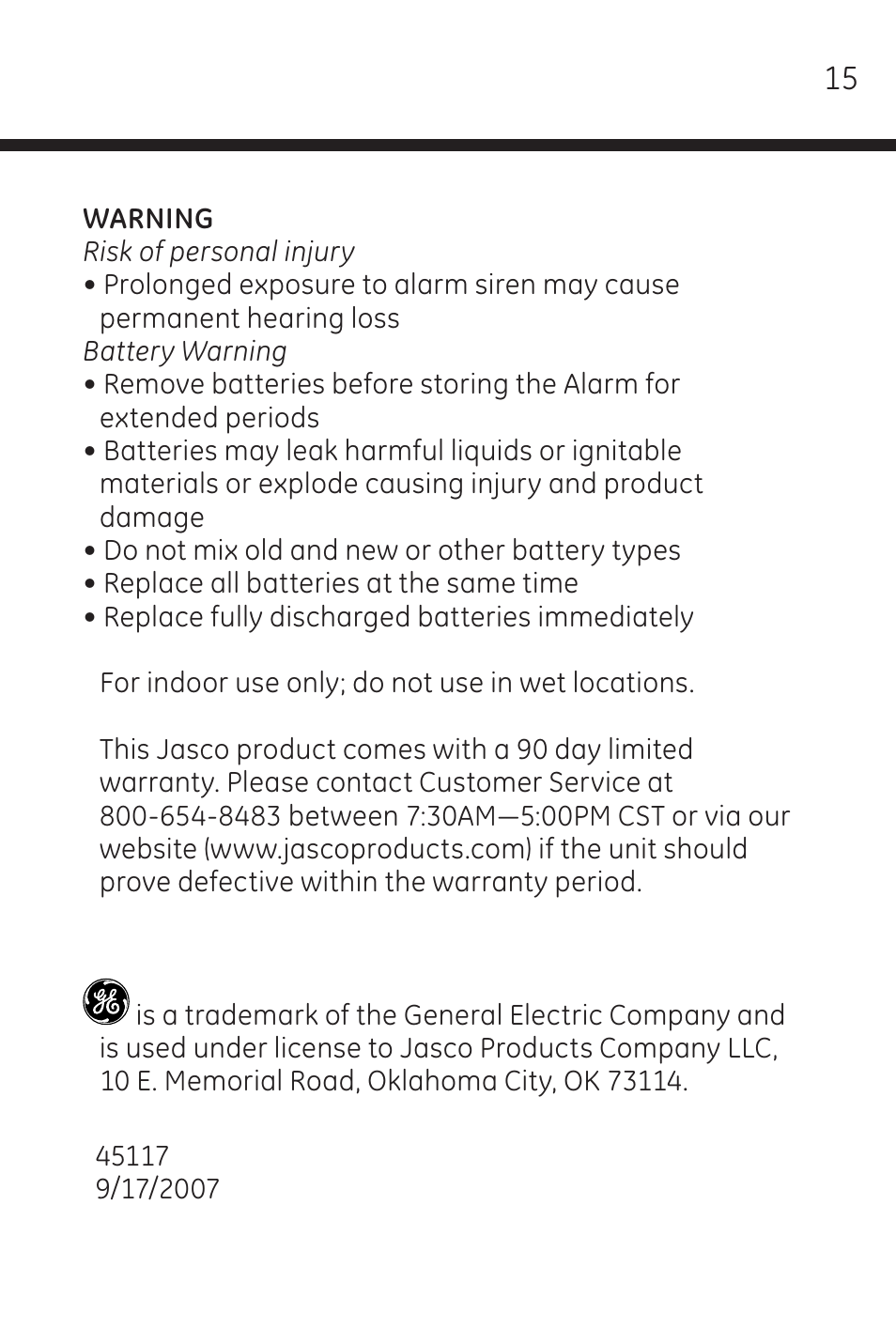 GE 45117 GE Wireless Door Alarm with Programmable Keypad User Manual | Page 15 / 33