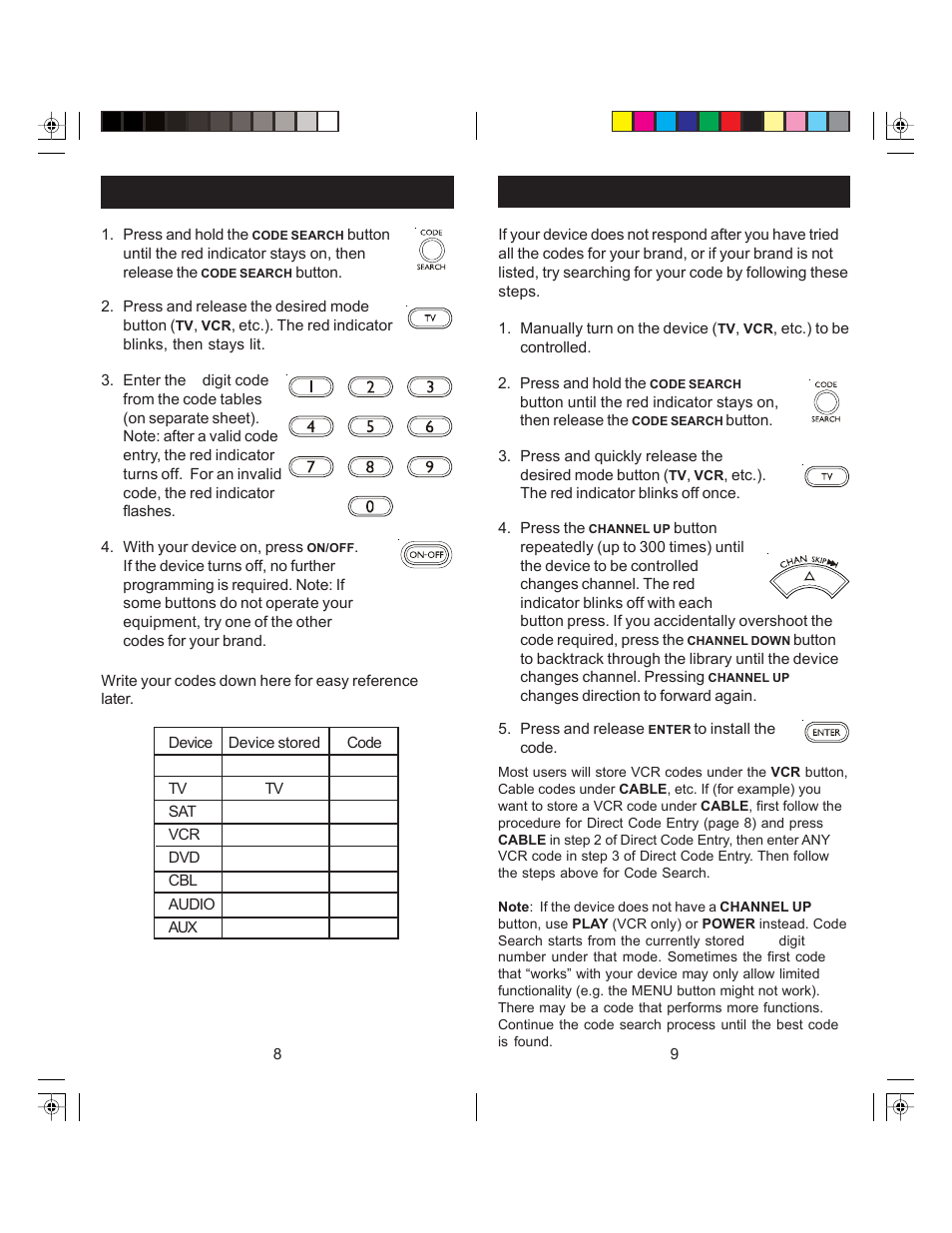 Code search, Direct code entry | Jasco RM24978 User Manual | Page 5 / 9