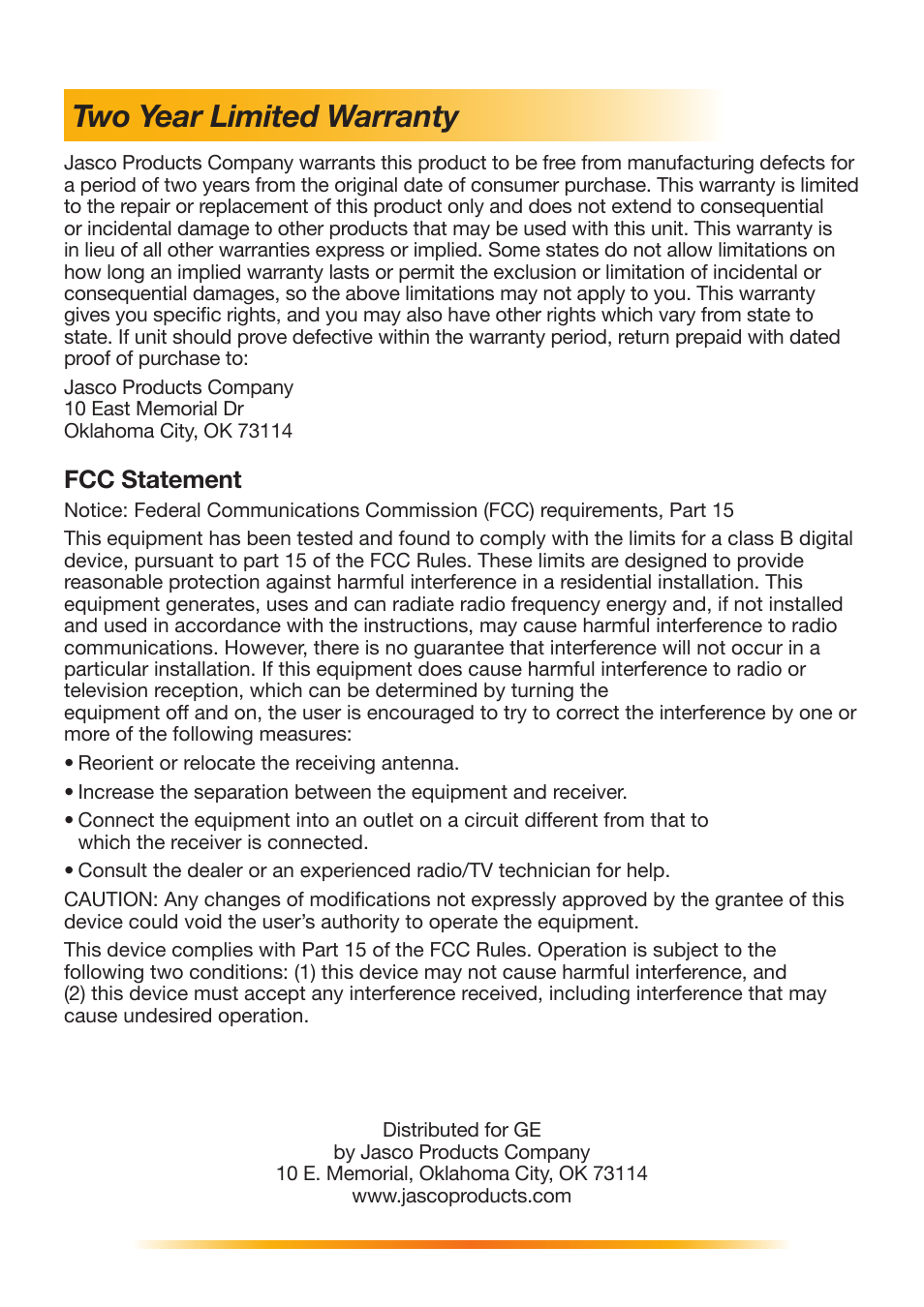 Two year limited warranty, Fcc statement | GE 98064 GE Easycam Pro User Manual | Page 15 / 15