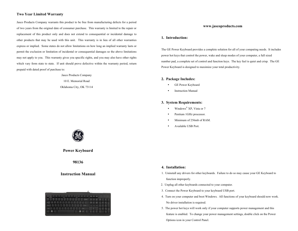 GE 98136 GE Power Keyboard User Manual | 1 page