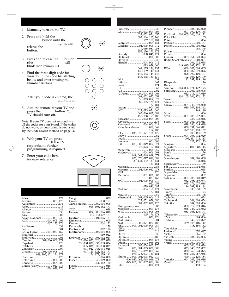Tv code list continued, Programming for tv tv code list | GE RM94902 User Manual | Page 2 / 8