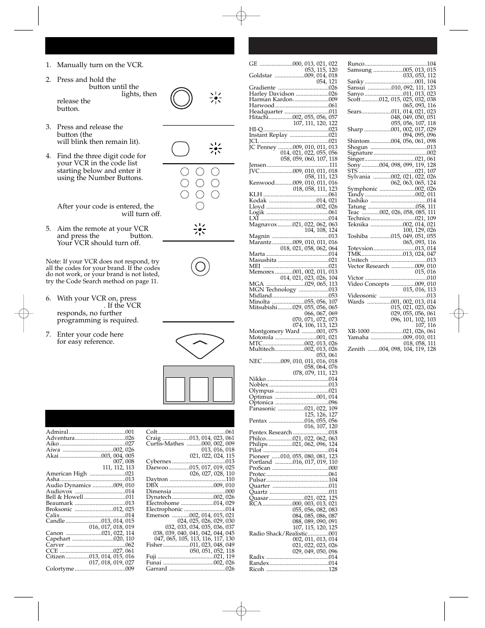 Vcr code list continued, Vcr code list programming for vcr | GE RM94902 User Manual | Page 3 / 8