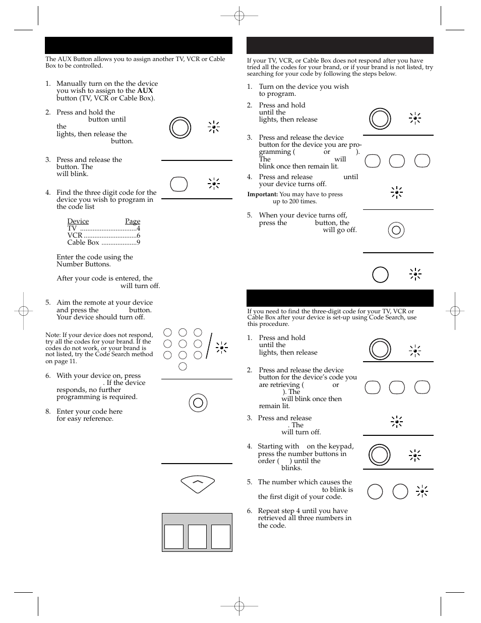 Programming with code search retrieving codes, The aux button | GE RM94902 User Manual | Page 5 / 8