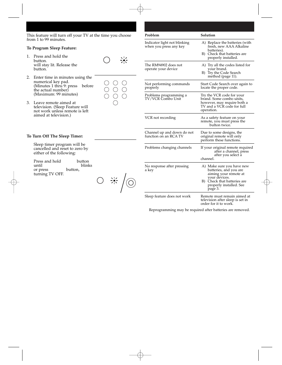 Trouble shooting, Sleep feature | GE RM94902 User Manual | Page 6 / 8