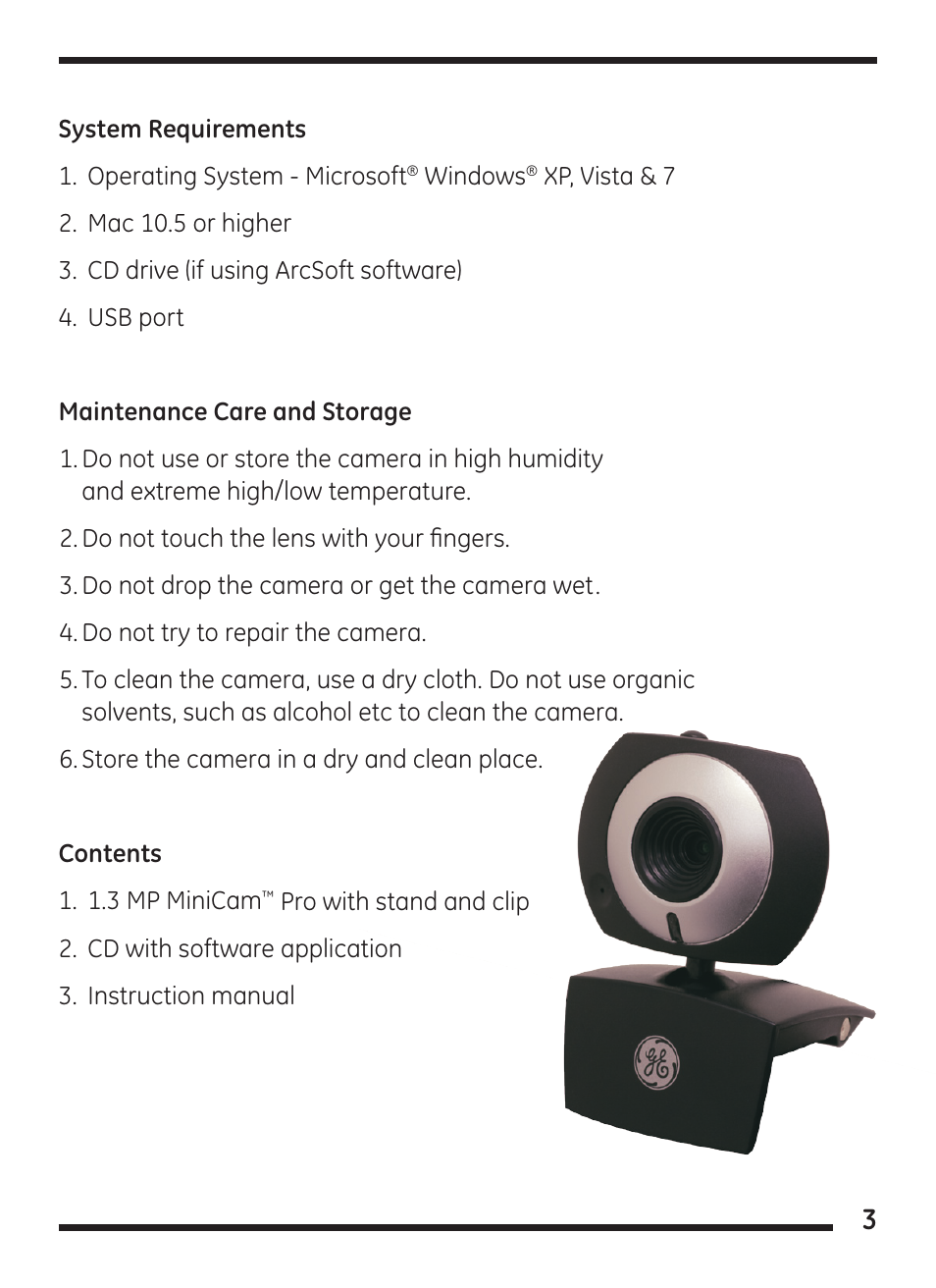 GE 98003 GE 1.3 MP MiniCam Pro with PR Stereo Headset User Manual | Page 3 / 15