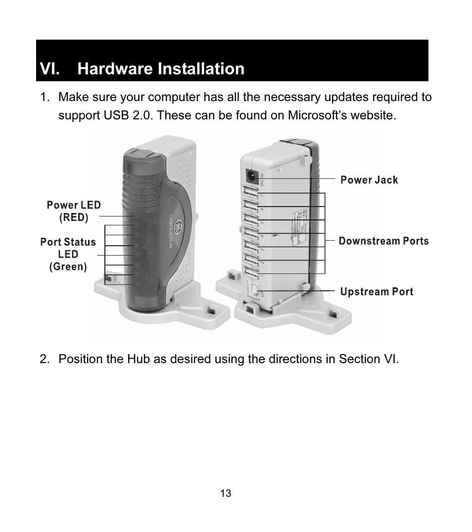 Vi. hardware installation | GE 97916 GE High Speed USB 2.0 Stackable 7-Port Hub User Manual | Page 13 / 19