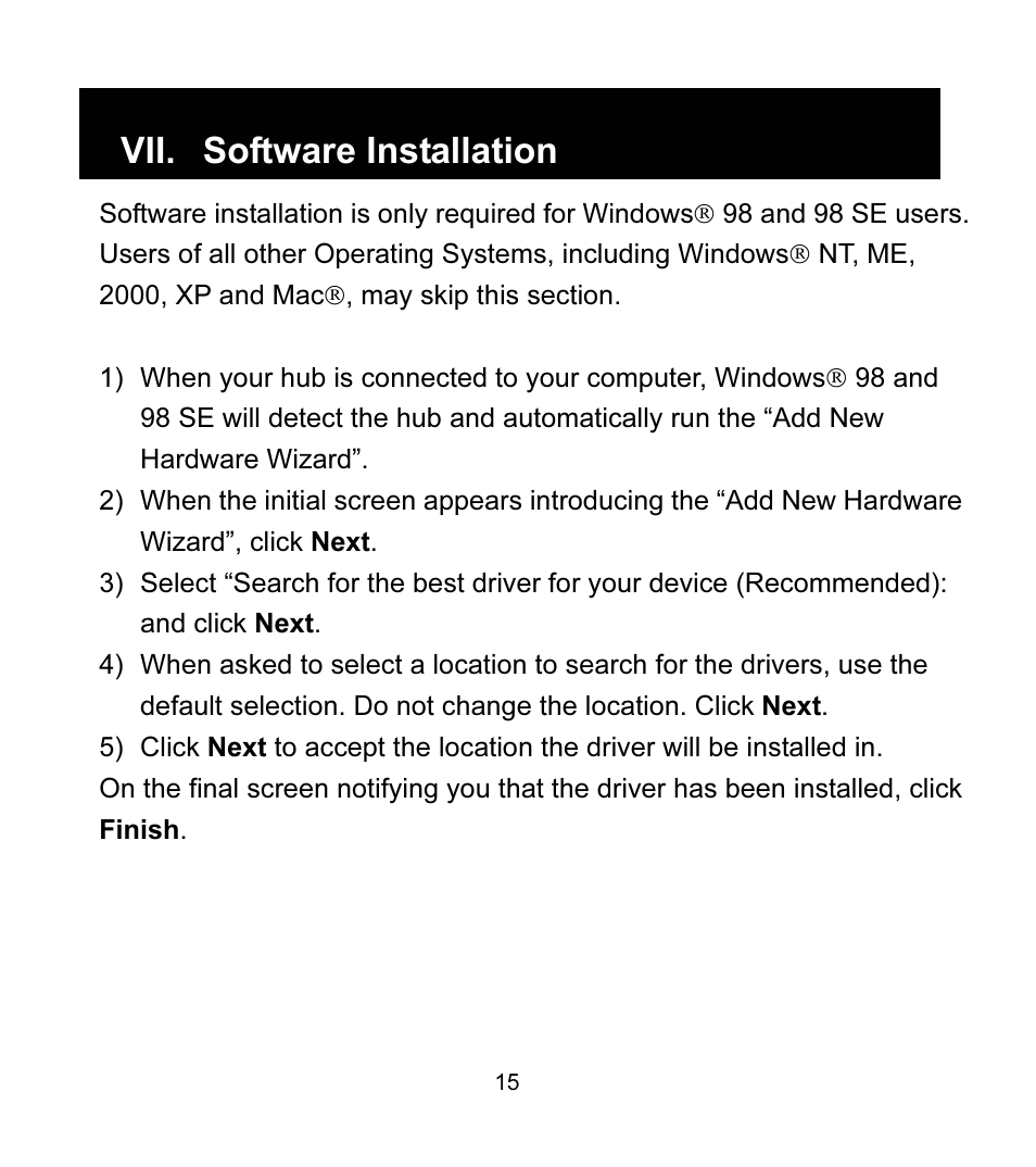 Vii. software installation | GE 97916 GE High Speed USB 2.0 Stackable 7-Port Hub User Manual | Page 15 / 19