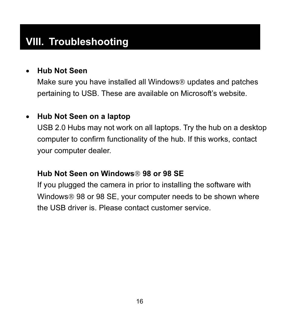 Viii. troubleshooting | GE 97916 GE High Speed USB 2.0 Stackable 7-Port Hub User Manual | Page 16 / 19