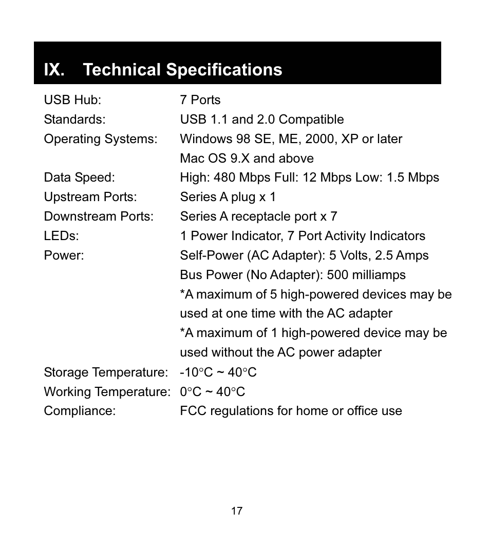 Ix. technical specifications | GE 97916 GE High Speed USB 2.0 Stackable 7-Port Hub User Manual | Page 17 / 19