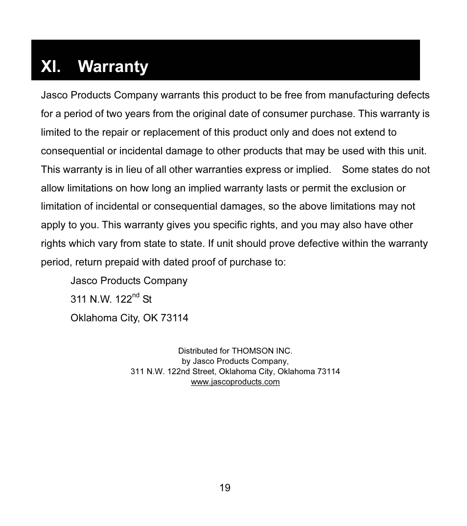 Xi. warranty | GE 97916 GE High Speed USB 2.0 Stackable 7-Port Hub User Manual | Page 19 / 19