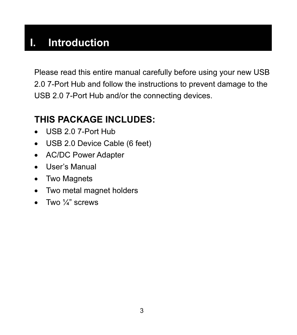 I. introduction | GE 97916 GE High Speed USB 2.0 Stackable 7-Port Hub User Manual | Page 3 / 19