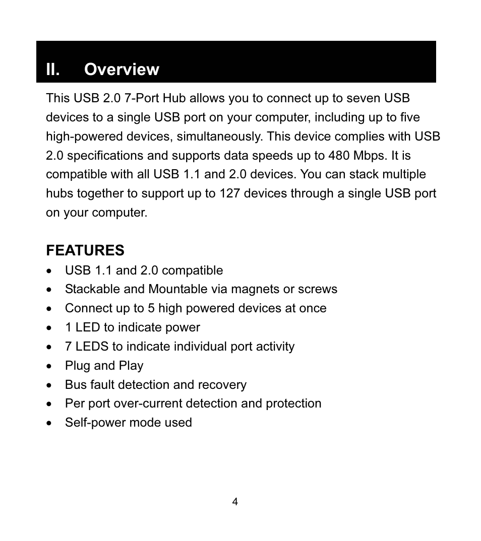 Ii. overview | GE 97916 GE High Speed USB 2.0 Stackable 7-Port Hub User Manual | Page 4 / 19