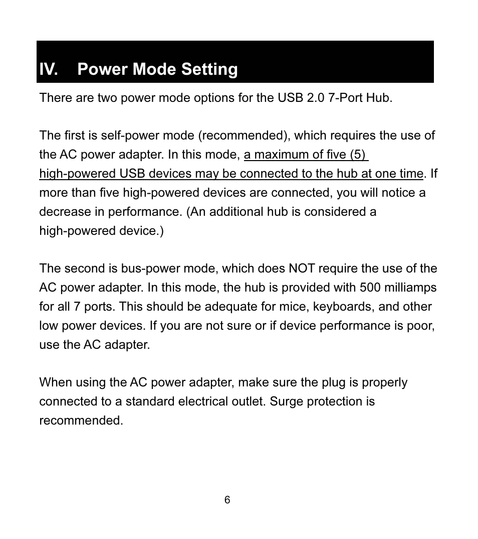 Iv. power mode setting | GE 97916 GE High Speed USB 2.0 Stackable 7-Port Hub User Manual | Page 6 / 19