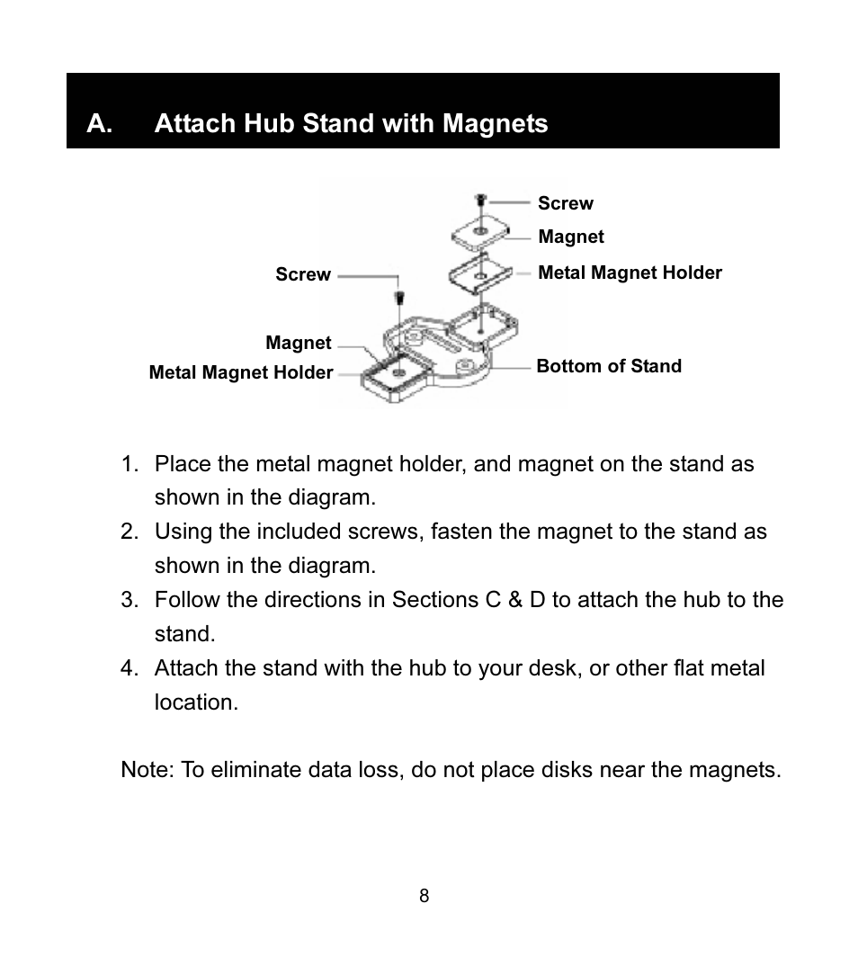 A. attach hub stand with magnets | GE 97916 GE High Speed USB 2.0 Stackable 7-Port Hub User Manual | Page 8 / 19