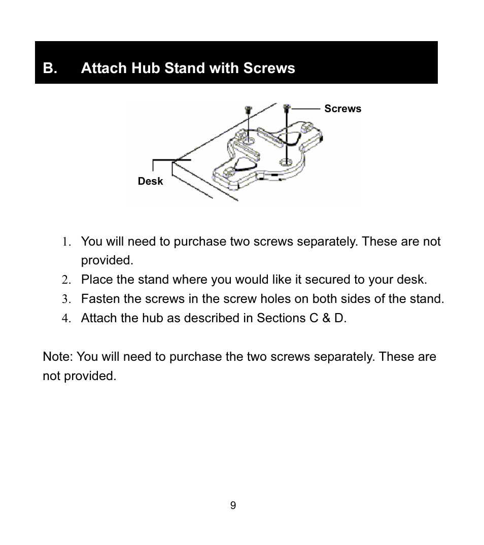 B. attach hub stand with screws | GE 97916 GE High Speed USB 2.0 Stackable 7-Port Hub User Manual | Page 9 / 19