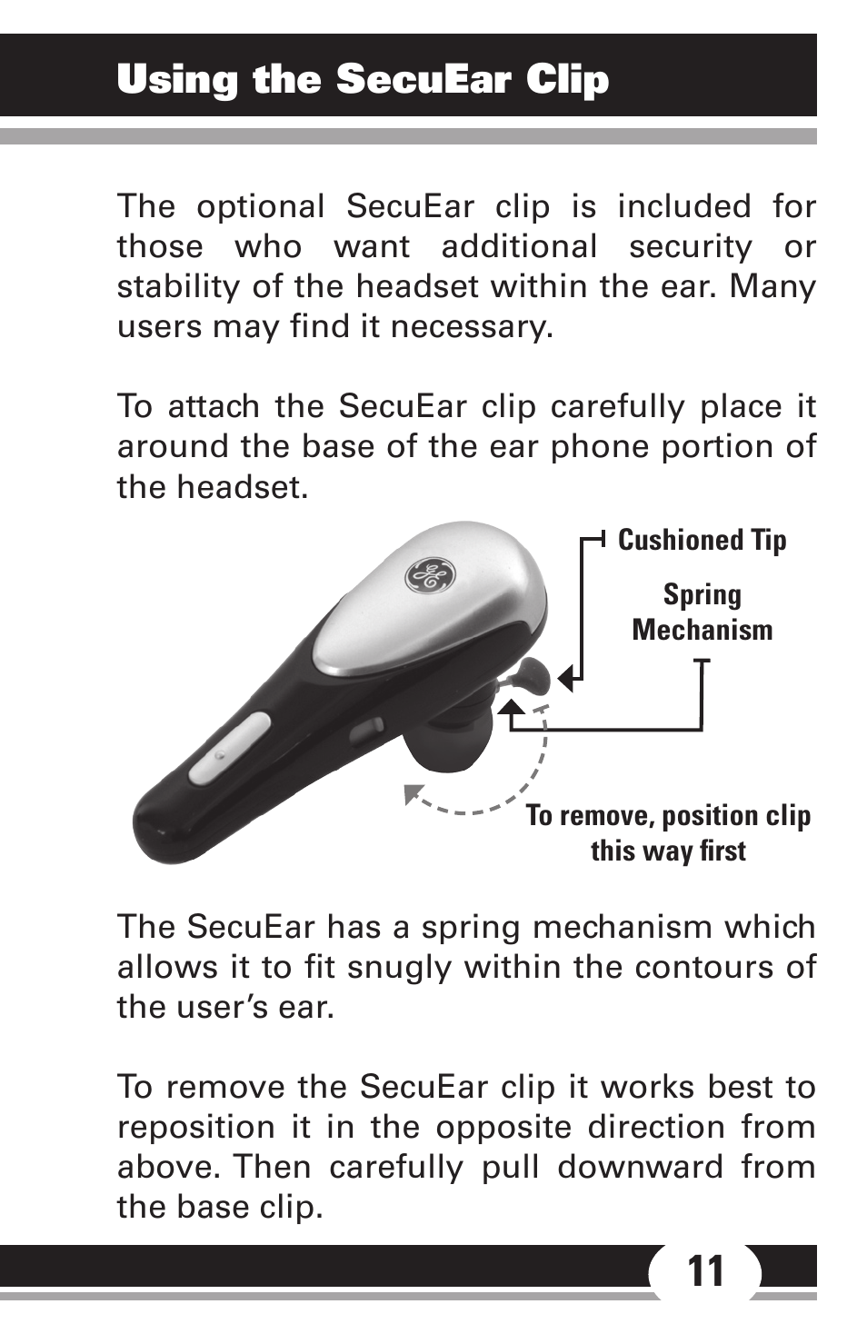 Using the secuear clip | GE 86712 GE Bluetooth Headset User Manual | Page 11 / 23